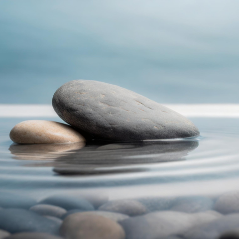 Landscape of river stones sitting in water with overcast sky