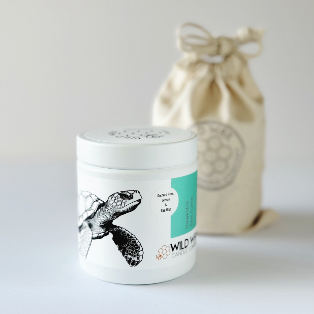 Minimal white candle container with lid featuring turtle illustration and reusable linen bag packaging