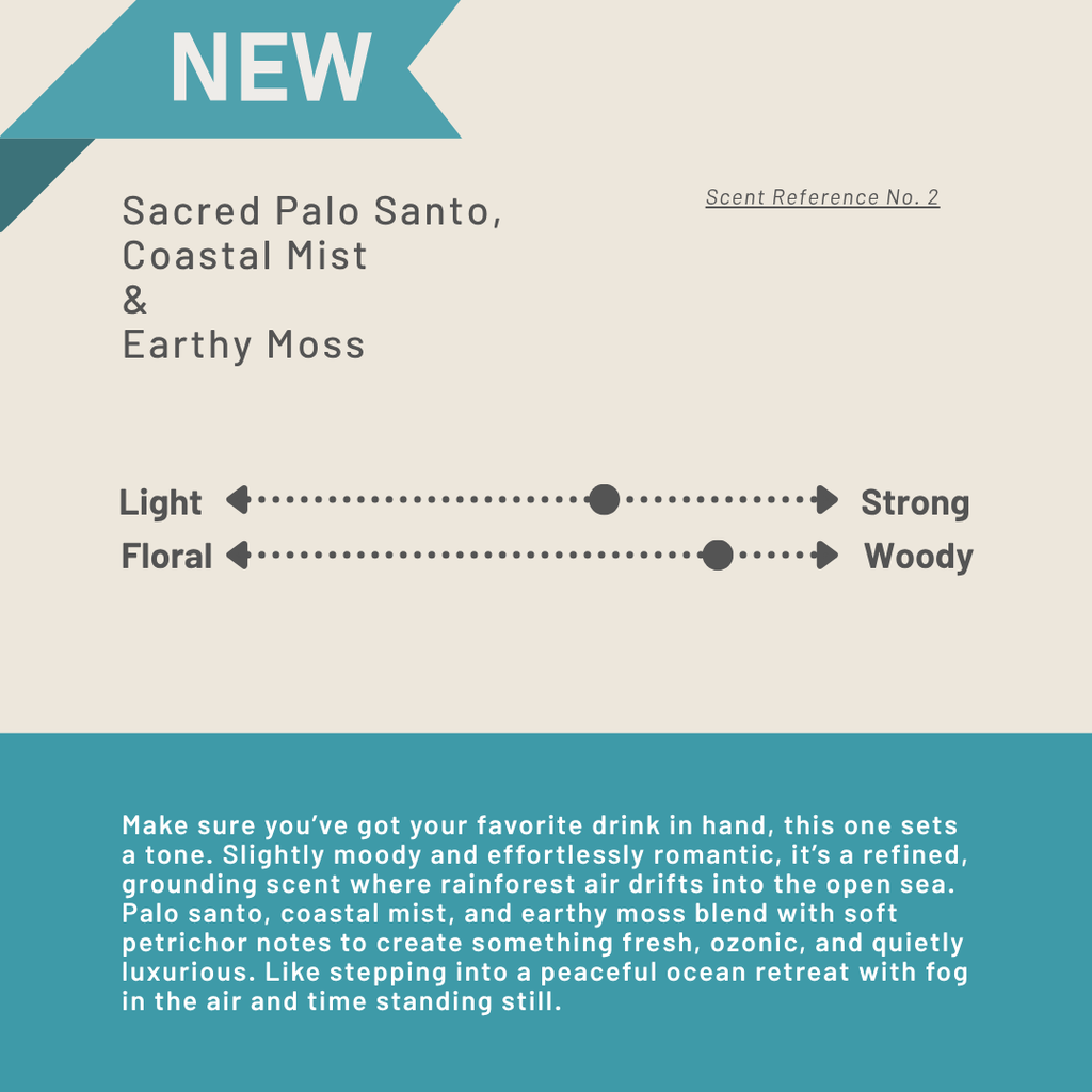 Product description card for 'Sacred Palo Santo, Coastal Mist & Earthy Moss' with scent notes and description.