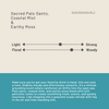 Fragrance description card detailing its strength and notes of palo santo, coastal mist, and moss with a blue color swatch and text. 