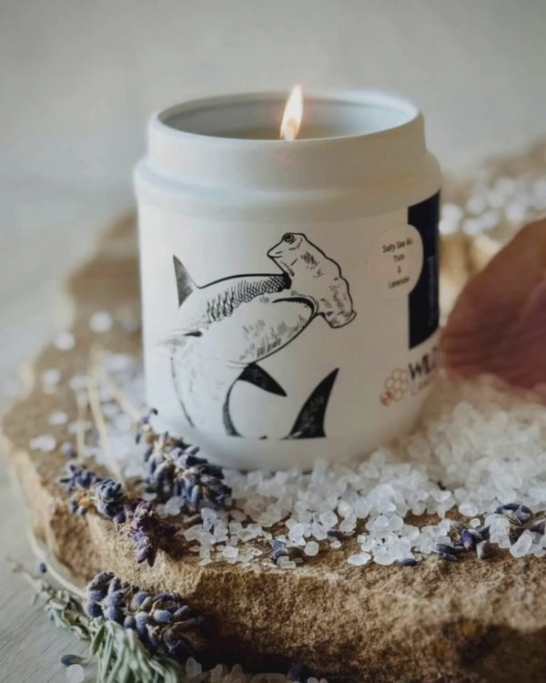 Stylized animation of burning shark candle in salty sea air, yuzu, and lavender scent
