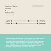Scent description card for 'Orchard Pear, Lemon and White Tea' with a color swatch and text.