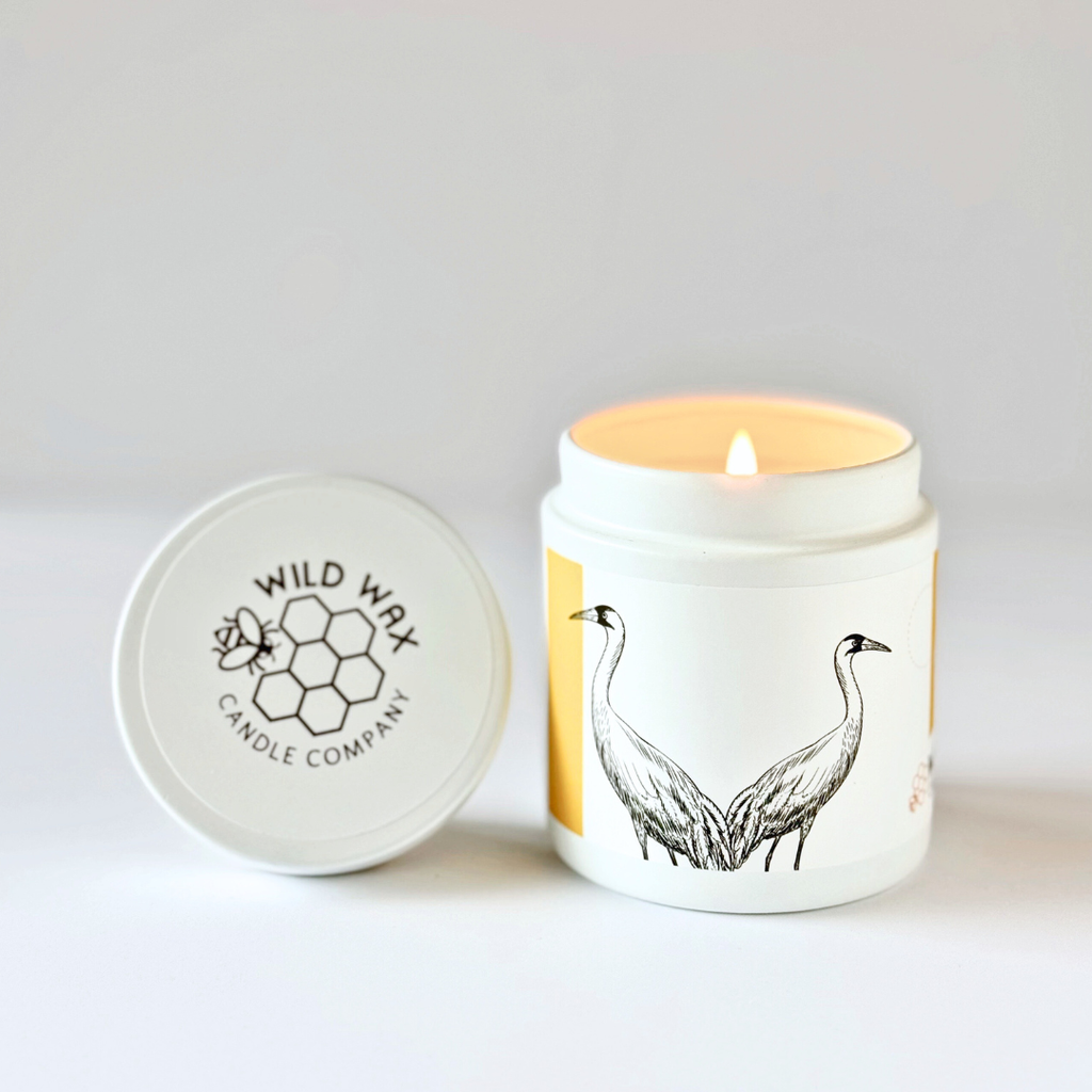 Hand-poured coconut wax candle scented with blood orange featuring a crane design
