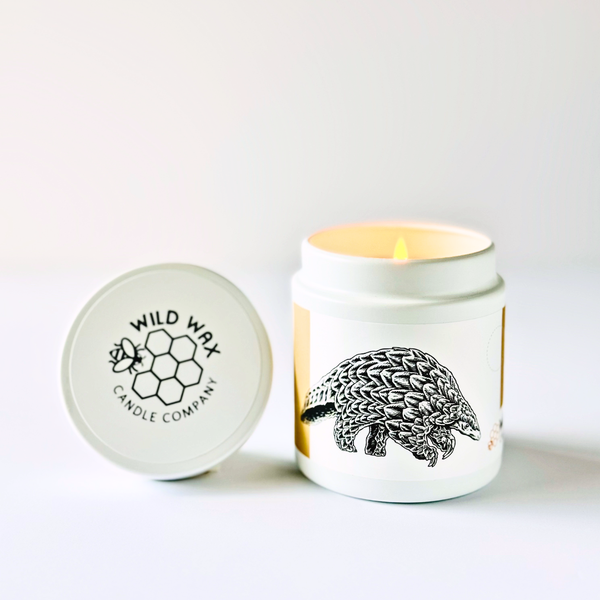 Hand-poured coconut wax candle featuring a pangolin design and branded wild wax candle company lid on white background 