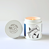 Candle with shark design and Wild Wax Candle Company branded lid on a white background
